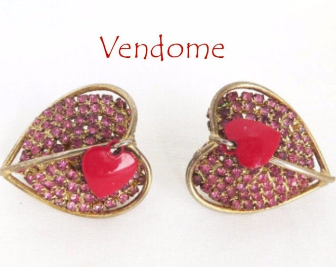 Vendome Rhinestone Heart Earrings, Vintage Pink Rhinestone, Red Enamel Double Heart Clip-on Earrings