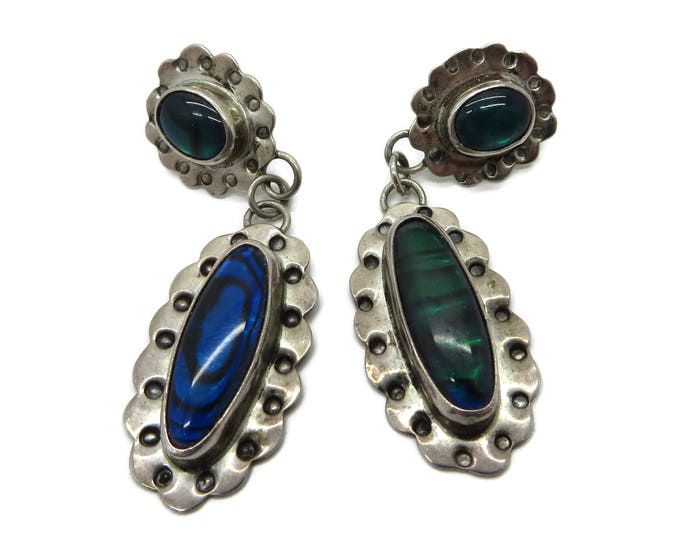 Sterling Silver Earrings - Vintage Native American Dangling Pierced Studs, Abalone Earrings, Signed Nakai Jewelry