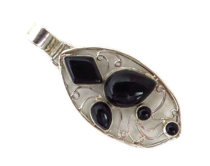 Sterling Silver Onyx Pendant - Vintage Black Onyx, Openwork Silver, Oval Pendant, Unique Perfect Gift, Gift Box