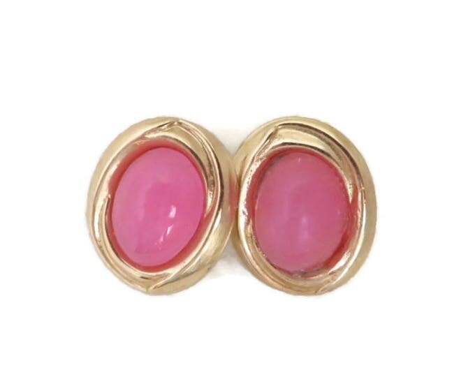 Gold Pierced Earrings, 14K Gold, Pink Stone Earrings - Vintage Oval Quartz Stud Earrings