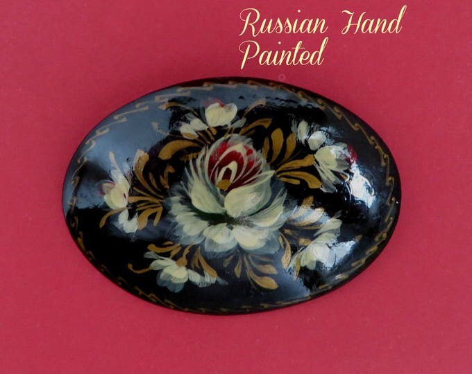Vintage Hand Painted Russian Brooch, Oval Black Lacquered Pin