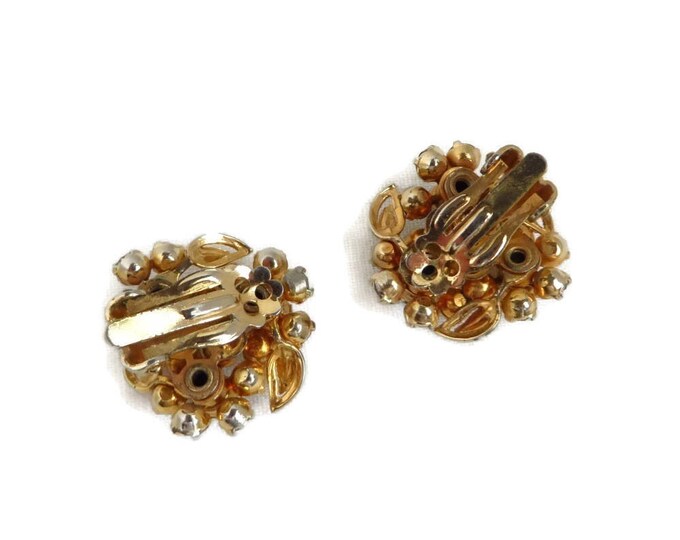 Rhinestone Bridal Earrings - Vintage Rhinestone Gold Tone Flower Clip-ons, Gift for Her, Gift Boxed