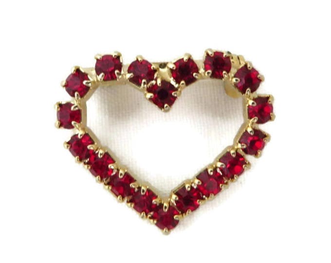 Red Rhinestone Heart Brooch - Vintage Gold Tone Petite Heart Pin, Valentine Pin