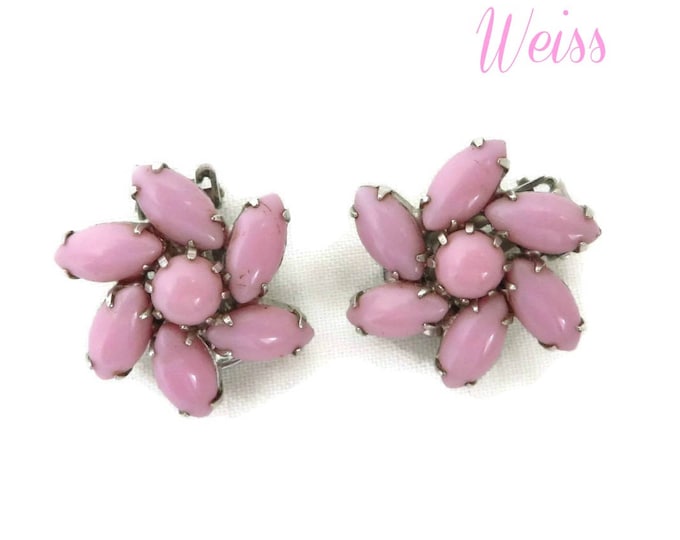 Weiss Pink Glass Earrings - Vintage Pinwheel Flower Silver Tone Clip-on Designer Signed Earrings