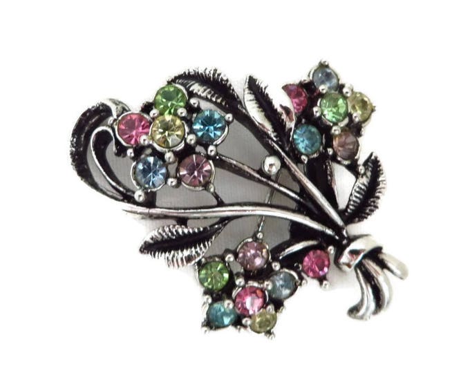 Vintage Flower Corsage Brooch - Silver Tone Rhinestone 1950s Floral Bouquet Pin