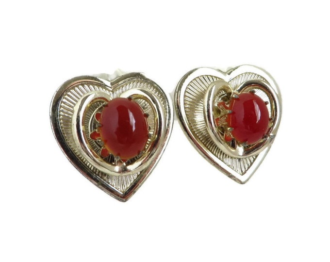 Heart Earrings, Vintage Heart Shaped Earrings, Carnelian Red Gold Tone Signed Coro Clip-on Earrings