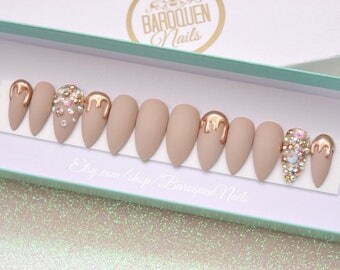 Gold Chrome Drip Nails | Matte Nude Press On Nails | Bling Accent Nail Art "Hunny" Custom Glue On Nails | Fake Nails | False Nails | Claws