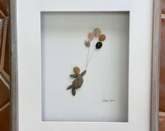 Pebble Art Girl with Balloons Modern Wall Art Abstract Contemporary Signed.