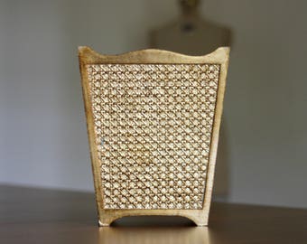 Vintage Gold Cane Trash Can / Gold Trash Can / Cane Trash Can / Cane Waste Basket / Gold Cane Decor / Formal Waste Basket
