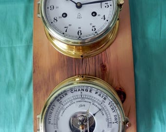 Schatz brass ships clock & barometer with wood base