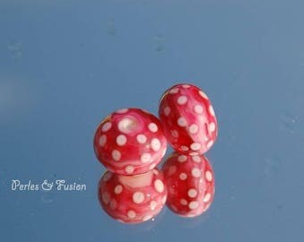 Set of 2 glass beads handmade Lampwork * Pink * Pink/White - glass Lampwork - beads - polka dot earrings - murano beads