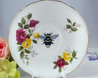 Vintage China Bee Saucer - upcycled vintage bumble bee, honey bee, altered china, bee art, vintage decor,