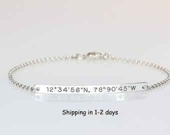 Coordinate bracelet Sterling silver bar bracelet Engraved coordinates bracelet Bridesmaids gift Roman numerals bracelet Mothers gift