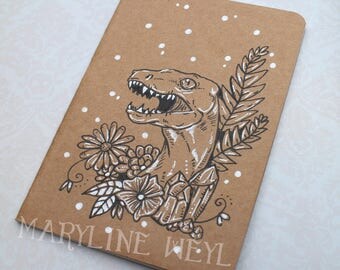 Sketchbook - Notebook Kraft "Velociraptor and flowers" dinosaur