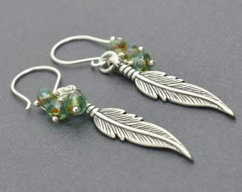 Sterling Silver Feather Earrings, Glass Earrings, Sea Earrings, Czech Glass Earrings, Leaf