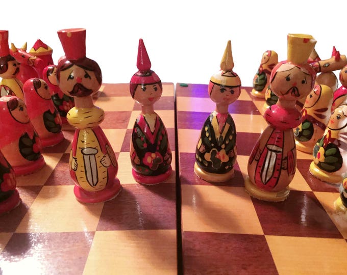 Vintage Hand Painted Chess Set from Gorki - Made in Russia - Matryoshka Doll Pawn - Unique Chess Set - Rare Collectors Chess - Display Set