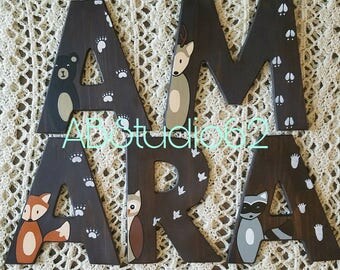 Wooden Letters for Nursery, Woodland Nursery Decor, Hand Painted Wood Letters, Woodland Creatures, Free Standing Letters, Nursery Fox Deer