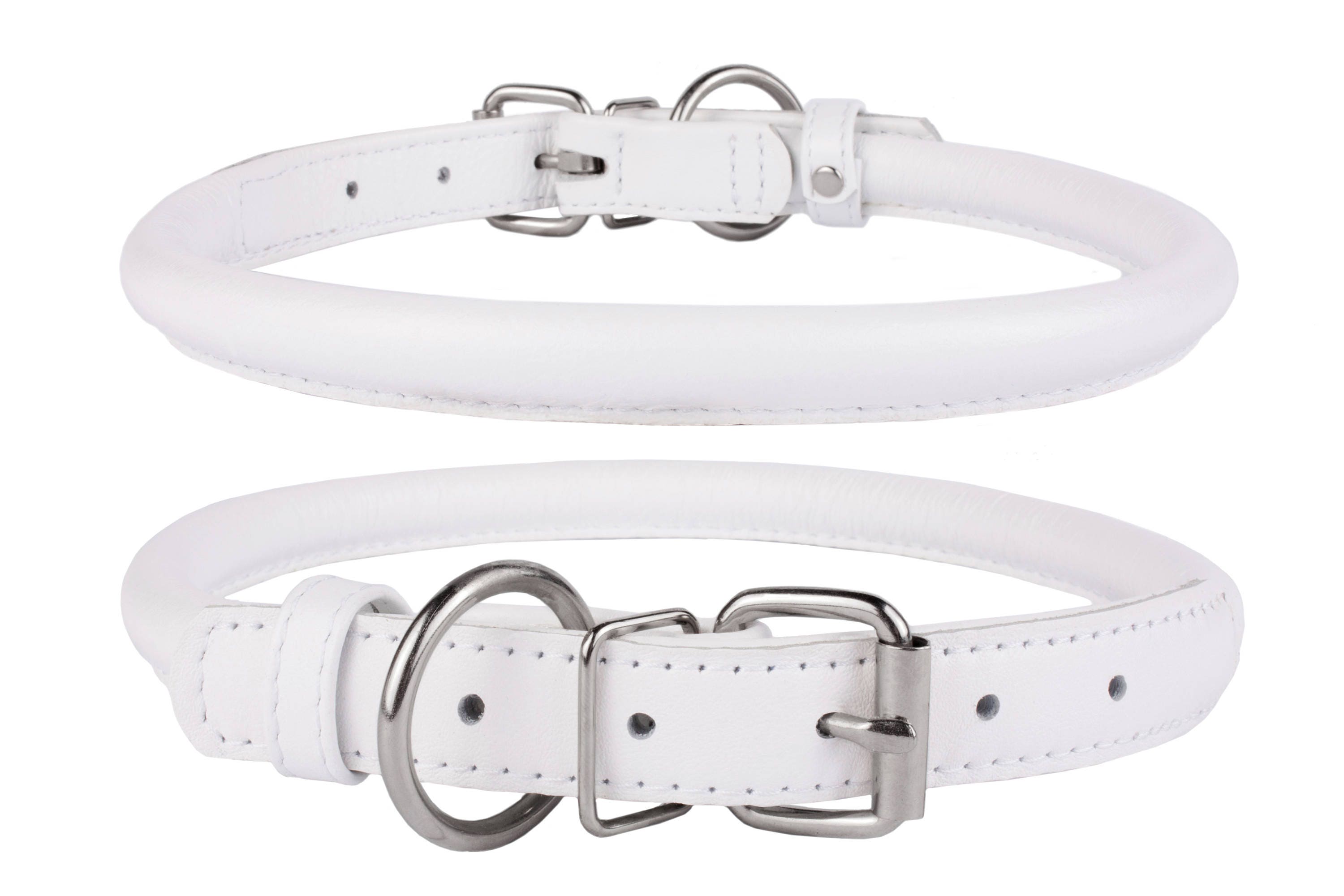 White Leather Dog Show Collar Rolled Round OPTIONAL Name Tag
