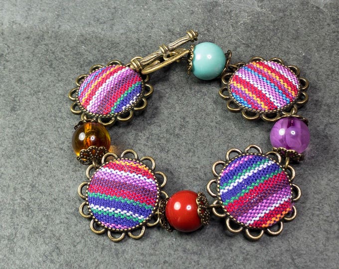 Gypsy fabric brass bracelet, Fabric bracelet, indigenous bracelet, gypsy jewelry