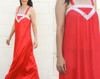 Vintage Red Nightgown, Slip Dress, Small Medium Made in USA, Nightie