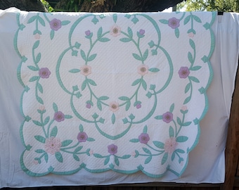 1950's 100% Cotton Hand Stitched & Quilted Peony Appliqued Quilt
