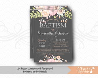 Beautiful Floral Pink & Gray Girl Baptism Invitation. Great for any Baptism, Christening, Dedication or First Communion. Girl Baptism PDF