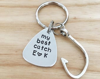 My best catch - Valentines gift - anniversary gift - couples gift - Hand stamped Gifts for men - Fish Hook keychain - Guitar pick keychain
