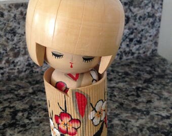 Wooden Japanese Kokeshi Girl Doll with Bow