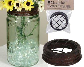Mason Jar Flower Frog Metal Dome Lid Black and Rust Standard Size Wedding Bathroom Flower Arranging