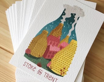 Potteries postcard, stoke on trent, bottlekiln digital illustration, art print A6