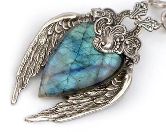 Labradorite Jewelry Necklace, Labradorite Necklace, Labradorite Pendant, Flash Labradorite Jewelry, Angel Wing Necklace, Large Labradorite