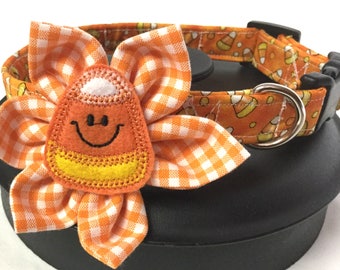 Dog collar, candy corn dog collar, orange dog collar, candy corn feltie, flower dog collar, adjustable dog collar, fall dog collar