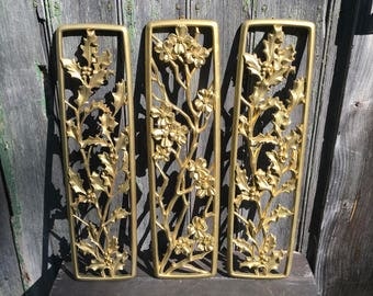 Syroco Three Hollywood Regency gold wall panels holly and dogwood 1954