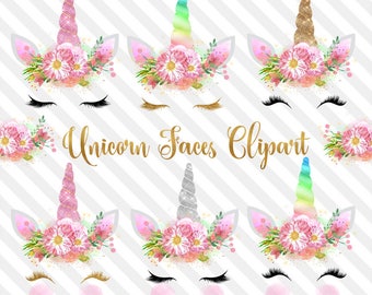 Unicorn Faces Clipart, rainbow, pink and gold watercolor unicorn horn clip art, glitter unicorn graphics, baby shower, weddings