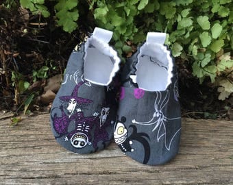 Handmade Baby Shoes 6-12 mo with Nightmare before Christmas fabric Ready to Ship