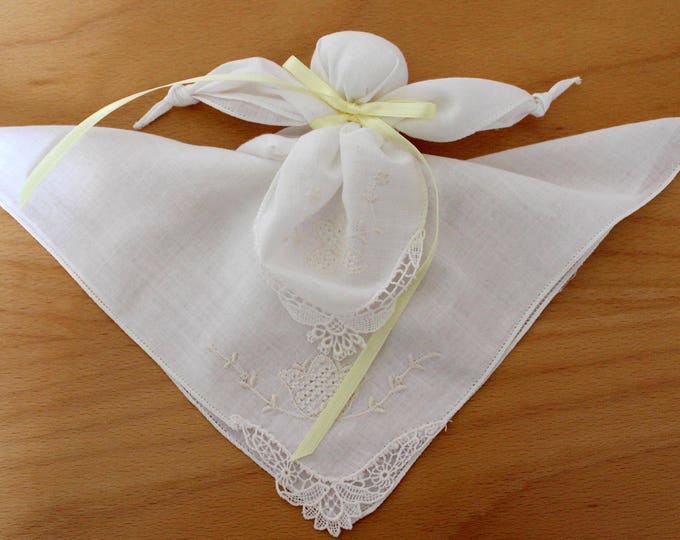 Vintage Hankie Church Doll made of Two Hand Embroidered Vintage Handkerchiefs with Hand Tatted Lace. Become Bridal Hankies on Wedding Day