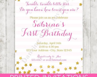 SALE Twinkle Twinkle Little Star Birthday Invitation - Printed Birthday Invitation by Dancing Frog Invitations