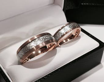 meteorite ring brushed matching rings set engagement rings rose gold tungsten wedding - Meteorite Wedding Rings meteorite ring brushed matching rings set engagement rings rose gold tungsten wedding - Meteorite Wedding Rings