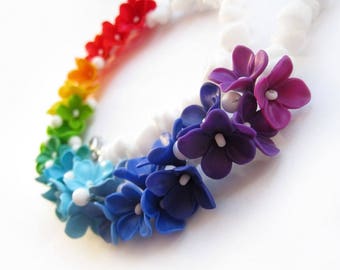 Rainbow statement necklaces Polymer clay necklace Flowers necklace Colorful necklace Gifts for her Free shipping