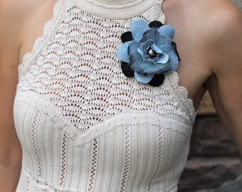 Denim Flower Camellia Brooch with Freshwater pearl, Blue Denim Fabric Rose, Accessory casual jewelry, Chanel inspired, jeans Flower Pin