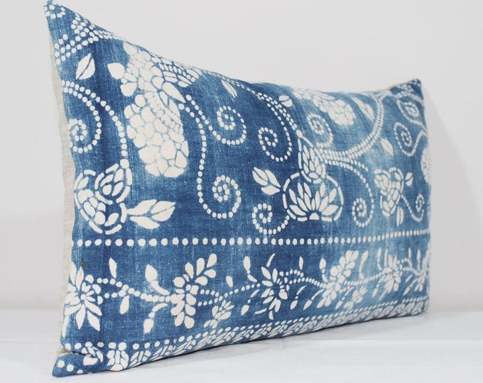 12"x20" Vintage Indigo Batik Pillows, Old Chinese HMONG Batik Fabric Pillow Case, Ethnic Textile Cushion Cover