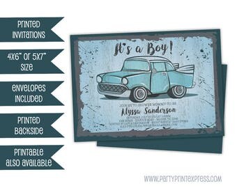 Vintage Car Baby Shower Invitations - Retro Truck Baby Shower Invitations - Gas Station Sign Baby Shower Invite - Blue Boy Baby Shower