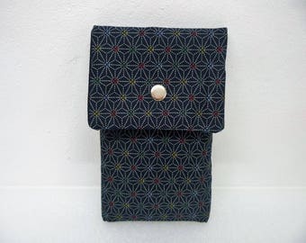 Large blue Japanese fabric phone pouch, smartphone case,