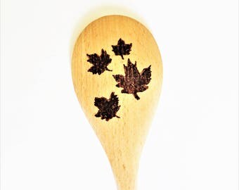 Wood spoon, leaf design, Pyrography, rustic decor, kitchen utensil, host gift, hostess gift, wood burned spoon, cooking utensil, cook's gift