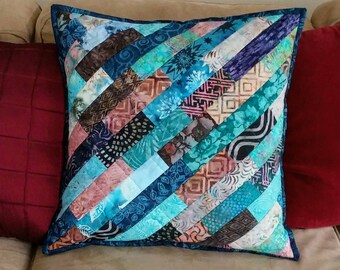 Blue Patchwork Pillow, Quilted Pillow Cover, Throw Pillow, Accent Pillow, Batik Pillow, 18 x 18 Pillow, Pillow Sham, Decorative Pillow
