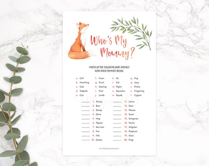 Who's My Mommy Fox, Animal Match Game, Fox Baby Shower Game, Woodland Baby Shower Games Printable, FBS, INSTANT DOWNLOAD