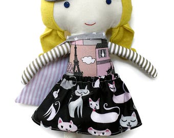 Superhero cat girl doll in supergirl costume, cat print skirt, cape and mask, role model for girls and catlovers, toddler gift for birthday