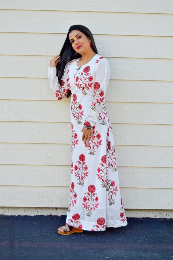red maxi dress with white flowers