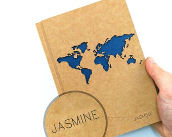 TRAVEL Notebook Map, Custom Name Journal, WORLD Map Journal, Travel Journal, Custom Journal, Custom Notebook, Custom Name Notebook, A5 Size