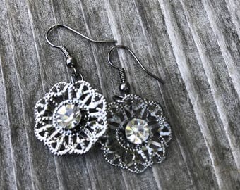 Gunmetal Earrings, Rhinestone Dangle Earings, Bohemian Style Earrings, Gray Earrings Bridesmaid Gifts, Boho Chic Earrings BFF, gift for her